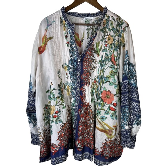 Johnny Was‎ Blouse Womens 2XL Silk Multicolor Floral Bird Print Button Boho Top - Picture 1 of 10